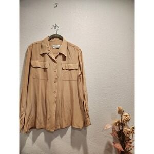 Orvis 100% Silk Beige Button Front Long Sleeve Blouse‎ Shirt Women's Size M